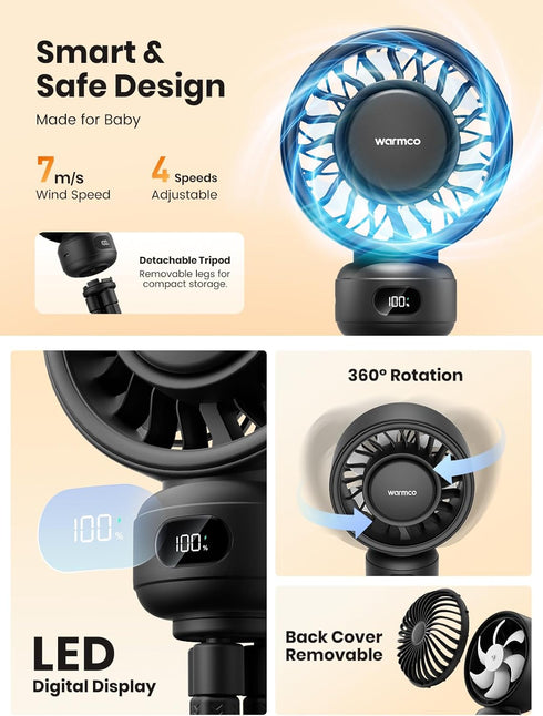 4000mAh 15H), 4 Warmco Portable Stroller Fan, Rechargeable Clip On Fan with Flexible Tripod (Up to Speeds, LED Display
