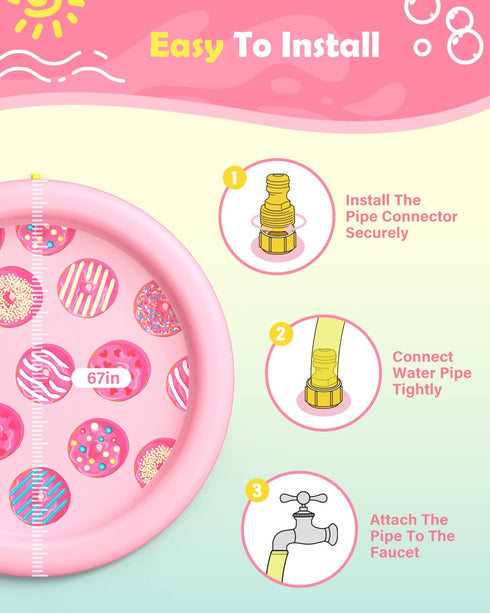 0.58 mm Summer 67in) Peteast Anti-Slip Pink Donut Print Splash Pad for Kids and Dogs Thicken Sprinkler Dog Pool