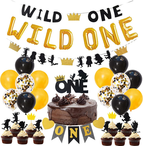 Wild One Birthday Decorations for Boys, Black and Gold Balloons, High Chair Banner, Cake Toppers, 1st Birthday Supplies
