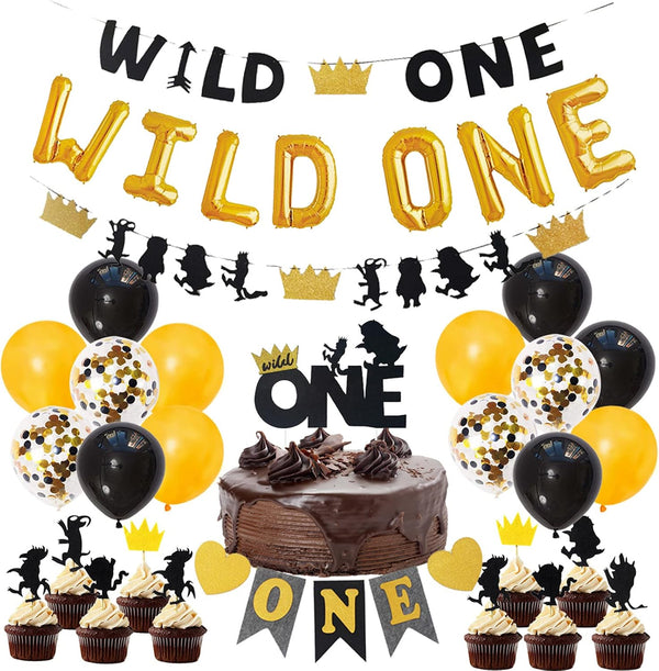 Wild One Birthday Decorations for Boys, Black and Gold Balloons, High Chair Banner, Cake Toppers, 1st Birthday Supplies