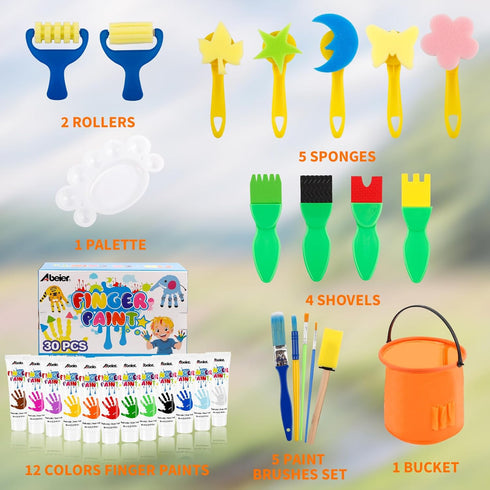 ABEIER Washable Finger Paint Kit for Toddlers, 12 Colors with Tools, Safe Non-Toxic Baby Paint for Kids 3+
