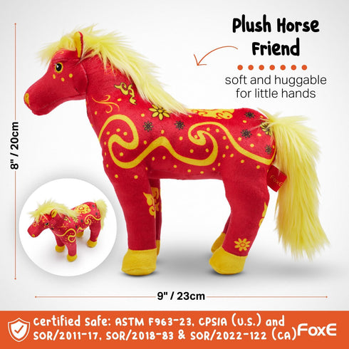 Set 2026 Set 100% 0-24 FoxE Year of the Horse Gift Born in - Bib, Beanie & Plush Toy Gift - with Chinese New Year Red