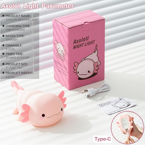 Dimmable Axolotl Lamp, Axolotl Cute Night Light Gifts, Rechargeable Bedside Nightlight, Squishy Silicone Animal Touch