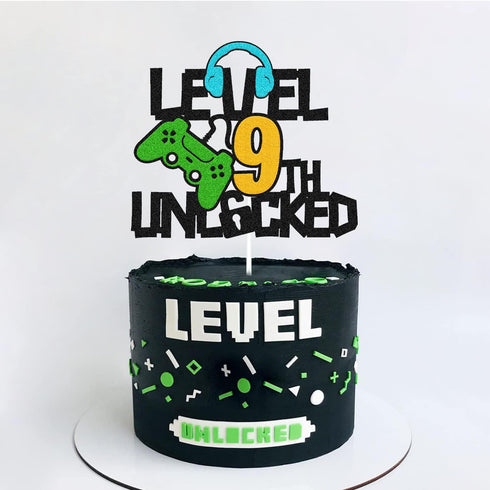 Happy 9th Birthday Cake Topper, Level 9 Unlocked for Boys, Video Game Controller Theme Party Supplies