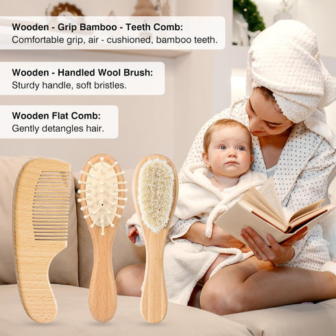 Set (3pcs Baby Grooming Kit,Baby Health Care Kit,Baby Brush Soft Bristles Baby Nail Kit Nursery Care Kit Wooden)