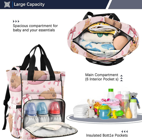 Bolaz Backpack Capybara Pink Diaper Bag Tote Multifunction Baby Nappy Changing Bags Large with Stroller Straps Travel