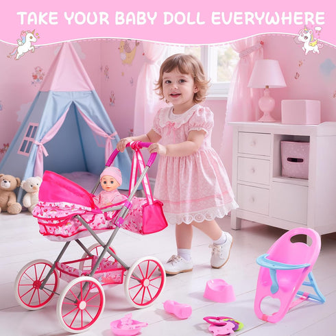 Set 11'' 24 Playset 3-5 4-6 DRAMATION Unicorn Baby Doll Stroller with Baby Doll, Foldable Doll Stroller, Playpen