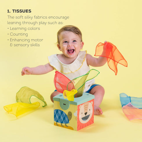 Taf Toys Sensory Baby Tissue Box, Object Permanence Box, Imaginary Play for Infants & Toddlers, Montessori Square Sensory Toys Colorful Pull Scarves, Play Balls & Cards Educational Preschool Learning