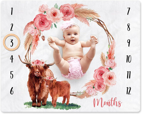 Highland Cow Baby Monthly Milestone Blanket, Floral Scotland Photo Prop Blanket for Newborn Nursery Gift Ideas 40" X 50