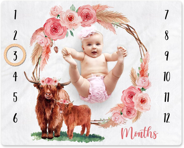 Highland Cow Baby Monthly Milestone Blanket, Floral Scotland Photo Prop Blanket for Newborn Nursery Gift Ideas 40" X 50