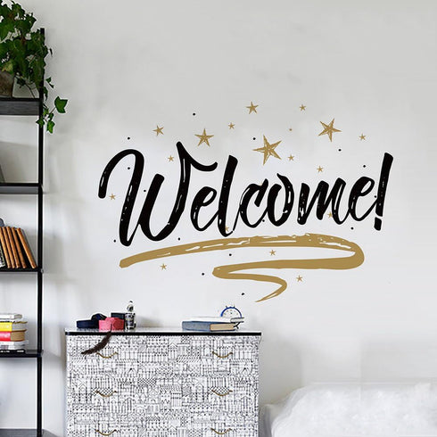 Woodland Arts Welcome Home Stars Wall Door Decals - 22 x 15 Inches, Brown and Black, Removable Stickers for Home