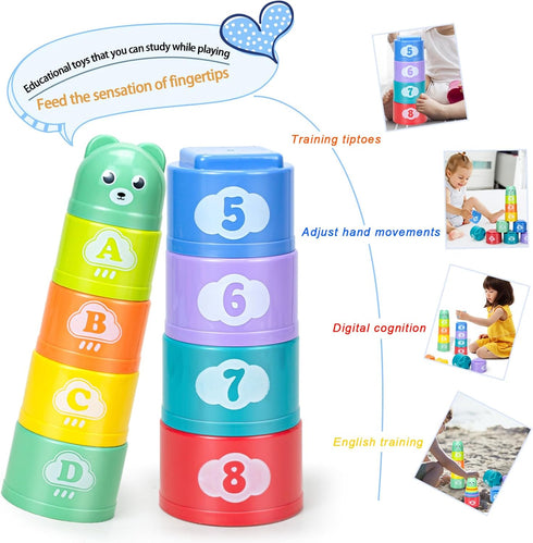 Stacking Cups Toys for Toddlers, Soft Blocks Teething Toy for Babies, Montessori Educational Bath Fun