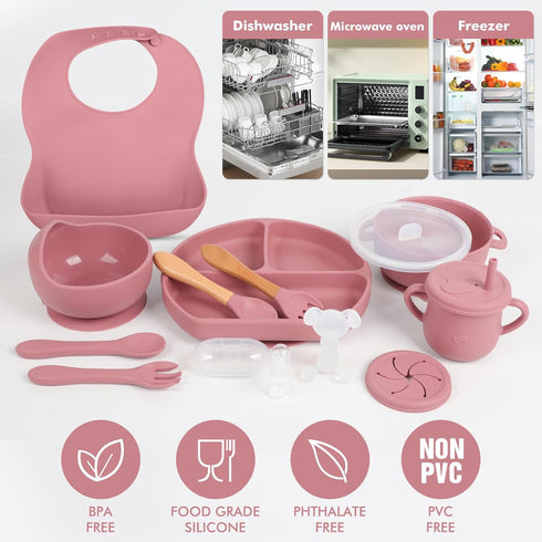 mraisebossup Set 15 Setpink Silicone Baby Feeding PcsBaby Spoons Suction Bowl Divided Plate Bib Cup Finger Brush Baby