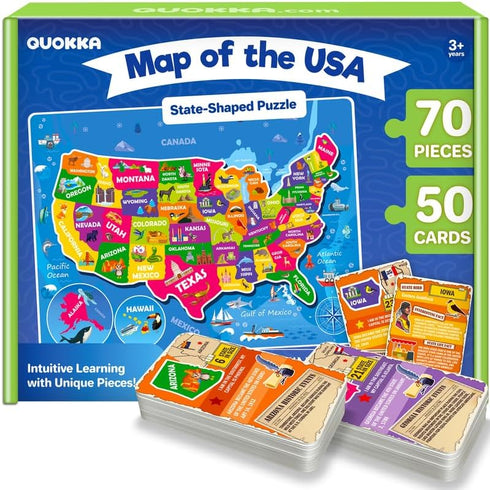 QUOKKA Puzzles for Kids Ages 4-6, 70 Pcs Jigsaw Puzzles for 6-8 Year Olds, 50 Double-Sided Cards | Learn USA |