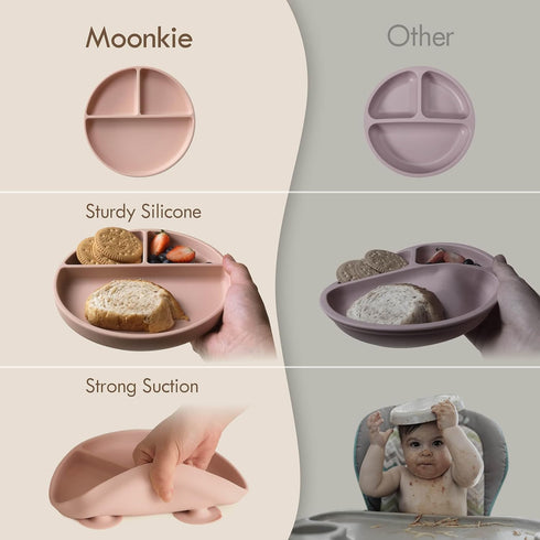 100% 3 Pack Moonkie Suction Plates for Baby | Silicone BPA-Free Baby Plates with Lids and Food Cover | Divided Design |