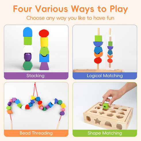 Montessori Educational Wooden Toys for Toddlers 3-5, Lacing Beads & Stacking Blocks, Shape Sorting Present with Storage