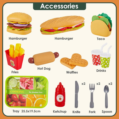 BUYGER Fast Food Play Food Toys for Kids, Toddler Kitchen Accessories Playset, Plastic Toy Food Sets for Pretend Play