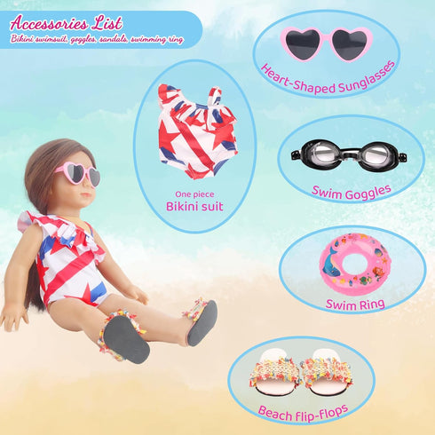 18 Inch Doll Summer Outfits Set, Vibrant Doll Swimming Playset for American doll Girls, includes Doll Bikini Swimsuits, Heart-shaped Sunglasses, Goggles, Sandals and Inflated Swimming Ring