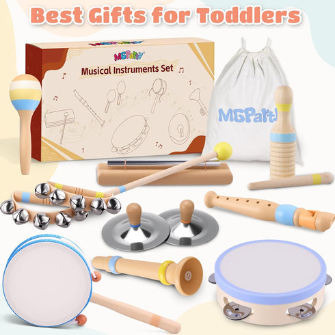 MGparty 13, Set Baby Musical Instruments for Toddlers Montessori Wooden Music with Drum Flute Clarinet Bells Cymbals