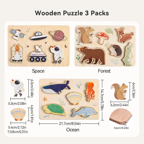 3 Packs Space Ocean Forest Wooden Chunky Puzzles - Educational Toys for Toddlers with Perfectly Fitting Pieces