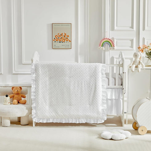3 Set Pieces Tufted Crib Bedding with Ruffle Fringe, White Ruffled Comforter with Fitted Sheet and Bed Skirt , Soft