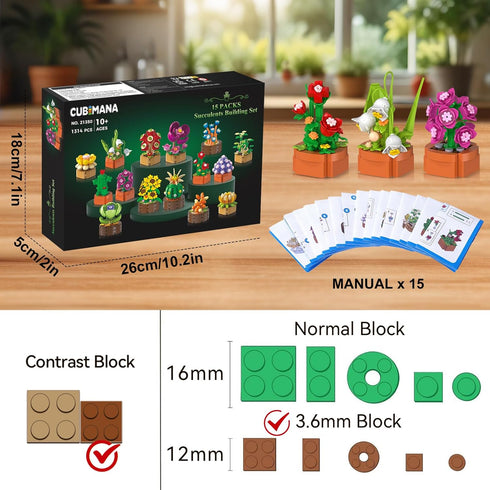 15 Pack Set 1314PCS 3.6MM 10+ CUBIMANA Flowers Plants Mini Building - Flower Succulents Botanical Collection Block Toy