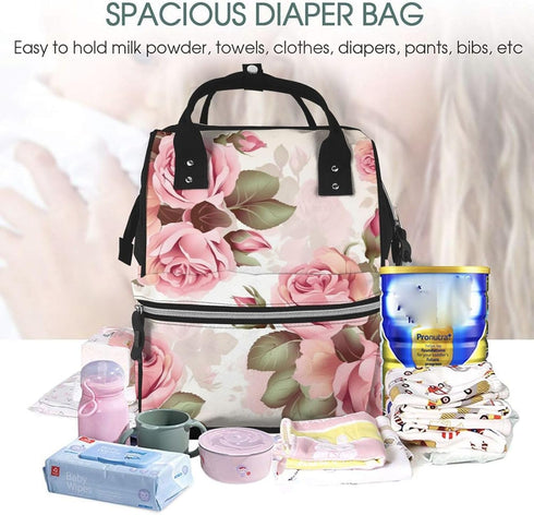 DWVTSLH Backpack Mummy Backpack Rose Floral Diaper Bag Multifunction Nappy Bags Waterproof Large Capacity Travel