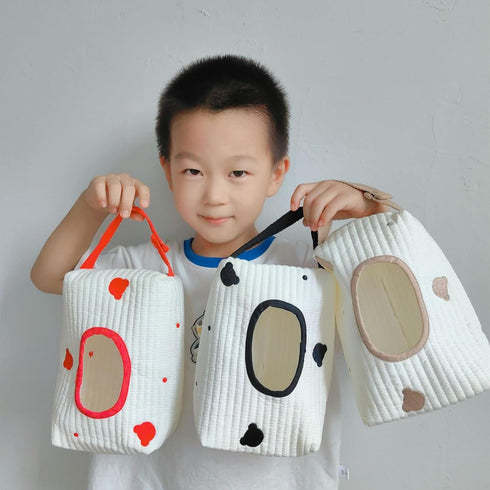 LFRXION Wet Wipe Holder Bag, Embroidered Bear Wet Wipe Pouches, Portable Upgrades Stroller Hanging Bag Cotton Linen