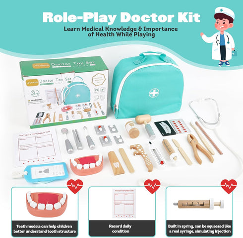 Set, 25Pcs 3-8 Doctor Kit for Kids, Dentist Pretend Play Educational Doctor Toy Wooden Medical Kit with Stethoscope