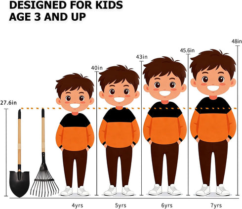 Set, 2-Piece 28 Inch Kids Garden Tool Rake and Shovel with Wooden Handles, Long, Black Metal Gardening Tools for Boys