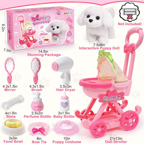 Golray Dog Toys for Kids Girls, Electronic Interactive Stuffed Dog Plush, 10 Pcs Toddler Girl Toy Dog Puppy Care Set