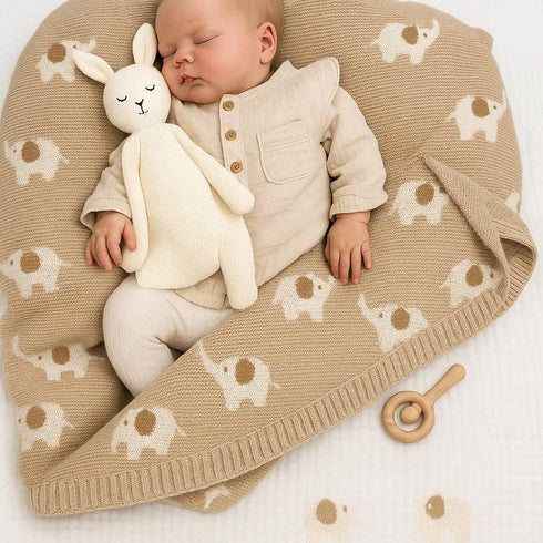 Cozy 30x40 Cotton Baby Blanket Knit Soft Swaddle Receiving Blankets Toddler Infant Blanket with Lovely Elephant