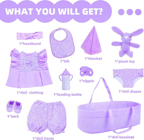 18INDC 11 16-18 Inch Pcs Baby Doll Clothes with Purple Floral Design Baby Doll Bassinet & Accessories for Baby Doll