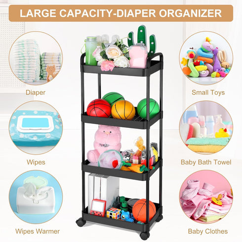 Baby Diaper Caddy Organizer, Rolling Plastic Movable Cart for Newborn Nursery Essentials, 3 Tiers, Black