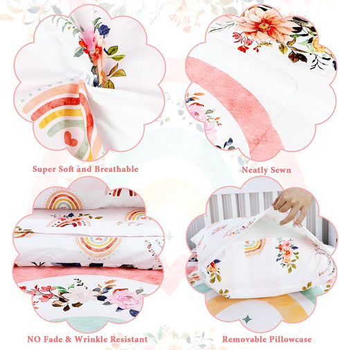 Sets Set 4 Set Toddler Bedding for Girls, Rainbow Toddler Crib Bedding Piece Pink Floral Toddler Comforter Includes