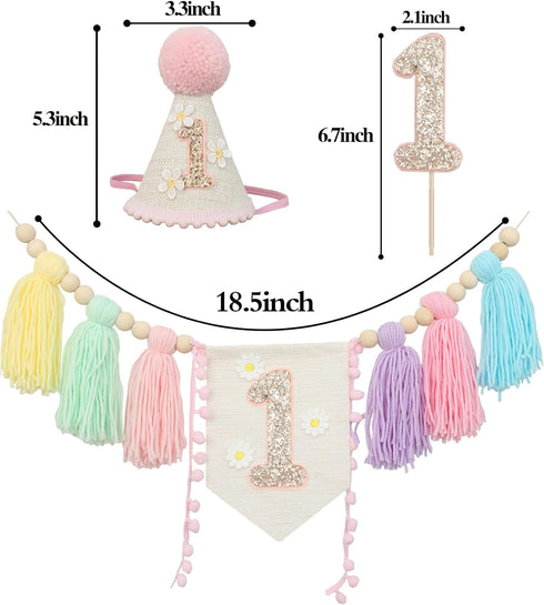 Daisy1st 1st JUIIZAY Baby First Birthday Party Decorations Macaron High Chair Banner Crown Cake Topper Birthday