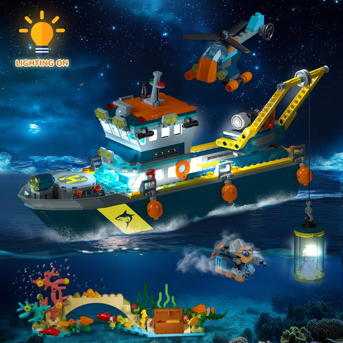 Set Set 6 7 8 9 10+ HiWEEGO City Floatable Boat Building with LED Light - Ocean Arctic Explorer Ship Building Block Kit