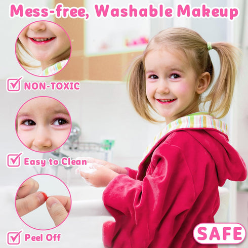 Hollyhi 58 Pcs Kids Makeup Kit for Girls, Real Washable Cosmetic Set with Mirror, Pink Birthday Gifts for Ages 3-12