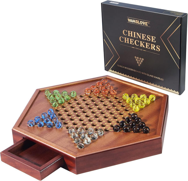 VAMSLOVE Chinese Checkers 15" Large Upgraded Version Wooden Game Board, 16mm 60+12