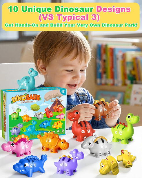 52 3-5, 10 PCS Dinosaur Alphabet Learning Toys for Toddlers Kids Different Dinosaur Figures, Double Sided ABC Matching