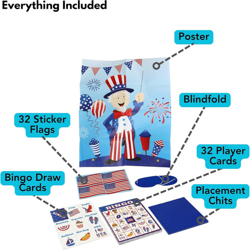 32 Set, 4th Iconikal Player Bingo Game Patriotic, American Flag, America Map, Independence Day, of July Games