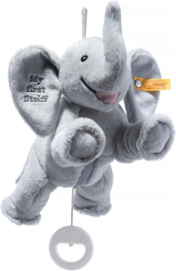 Steiff Ellie Elephant Musical Pull Toy - 10 Inch Light Grey Plush with Peaceful Lullaby, Machine Washable