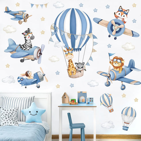 decalmile Blue Hot Air Balloon Animals Wall Decals Airplane Animals Giraffe Lion Fox Wall Stickers Baby Nursery Kids