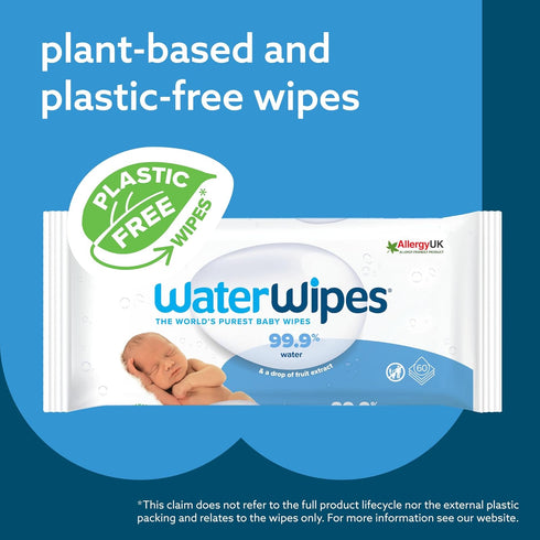 WaterWipes Original 99.9% Water Based Wipes, Plastic-Free, Unscented & Hypoallergenic for Sensitive Skin, 60 Count