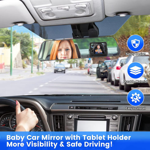 Baby Car Mirror with Adjustable Tablet Holder, Road Trip Essentials for Kids, Backseat Mirror to See Rear Facing