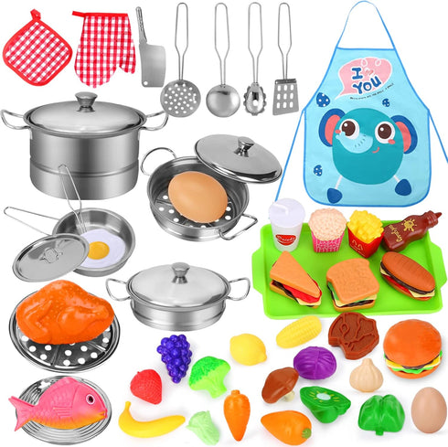 Play Food Sets for Kids Kitchen, Play Kitchen Accessories 46Pcs, Stainless Steel