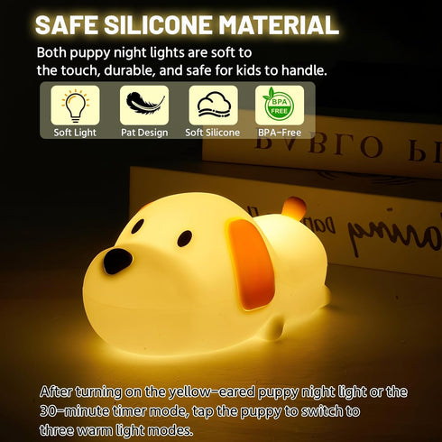 (2 Pack) 7 Silicone Night Light Colors for Kids, Touch Control, LED Dog Lamp, Rechargeable, Cute Puppy Night Lights