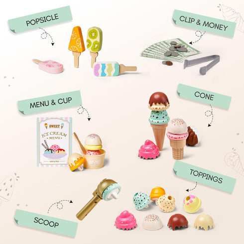 Set, 3+, Giant bean Wooden Ice Cream Play with Drop-Down Dispenser, Play Kitchen Accessories with Cones, Popsicles