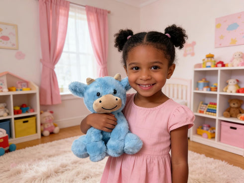 YUKOUQIAN 8 inch Cute Cow Plush Stuffed Animal Doll Toy for Girls Boys (Siting Cow CAI Blue)