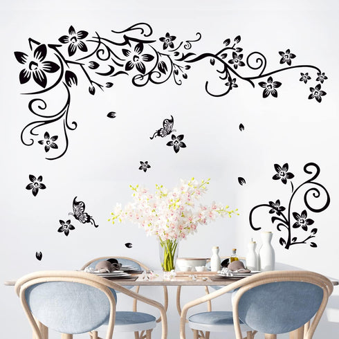 LiveGallery Removable Black Vinyl Flowers Wall Decals, DIY Flower Vines and Butterfly Stickers for Home Decor
